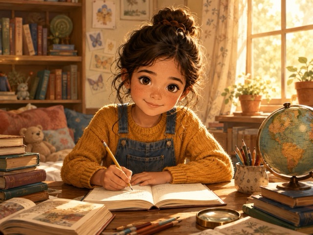 A girl smiling as she writes in her notebook by afternoon light