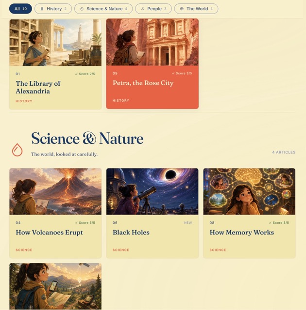 The Nbeeeh library, showing handpicked article cards across Science, History, and other subjects