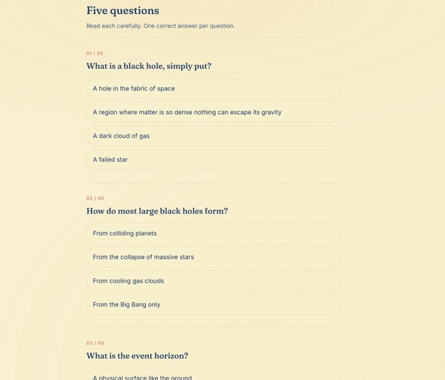 The five-question comprehension quiz with multiple-choice answers