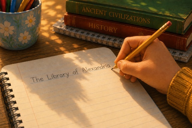 A child copying an article title into a notebook